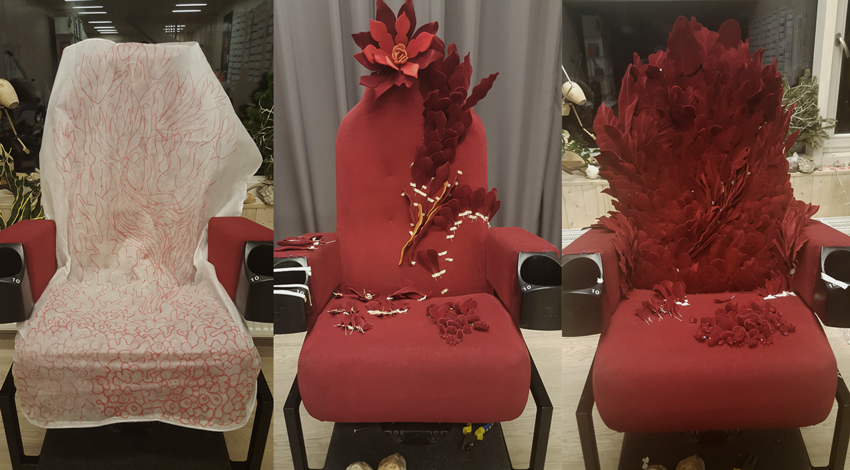 Chair vegetation elements were constructed from plastic cut-outs and ready made objects. After covered in red fuzz with flocking technique to achieve velvet look.